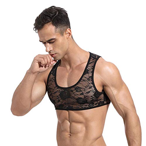 Men's Sissy Lace Floral Muscle Tank Top Round Neck Mesh Undershirt Semi Transparent Vest Singlet Gym Sports Half Top Black Large