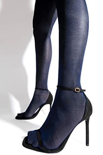 sofsy Women Sheer Thigh High Stockings | Garter Belt Pantyhose | 15 Den [Made in Italy] (Garter Belt Not Included) - Navy Blue - Large