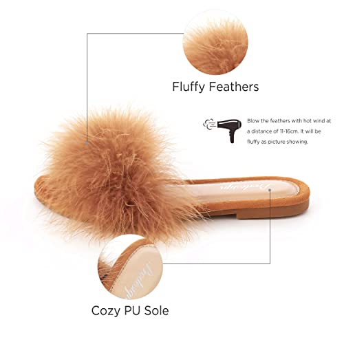 PRODESIGN Women Fur Slippers Fluffy Slides Open Toe Fuzzy Flat Sandal Home Outdoor Slippers (Caramel, us_footwear_size_system, adult, women, numeric, medium, numeric_9)