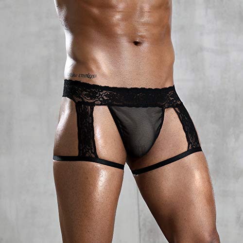 emaipokia Men's sexy black Underwear, Erotic Lace Sissy G String Panties with Garter