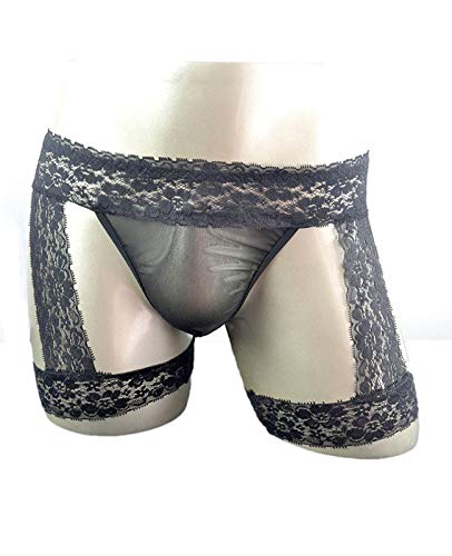 Men's Lingerie Panties Lace Tirm Bulge Pouch G-String Thongs Underwear with Garter (Black, One Size)