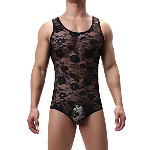 Men's Sheer Lace Lingerie Bodysuit Floral Sissy Thong Leotard Sleeveless Singlet Crossdresser One Piece Nightwear Black Large