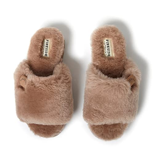 Dearfoams Women's Fireside Cairns Shearling Easy on/Off Slide Sandal Slipper, Driftwood, 7 W US