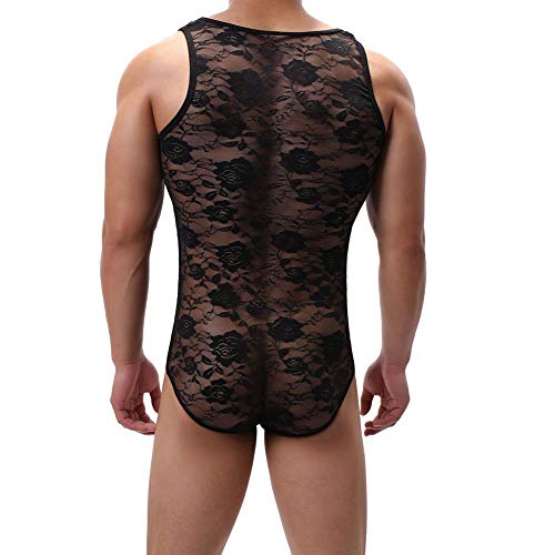 Men's Sheer Lace Lingerie Bodysuit Floral Sissy Thong Leotard Sleeveless Singlet Crossdresser One Piece Nightwear Black Large