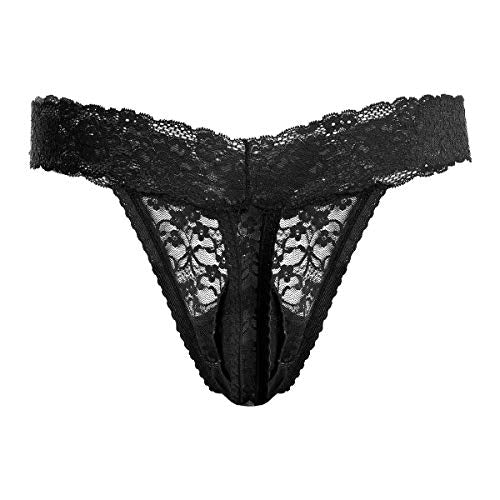 Men's Lace Frilly Sissy Thong Panties Sheer Mesh Bikini Briefs T-back G-string Underwear Black Large