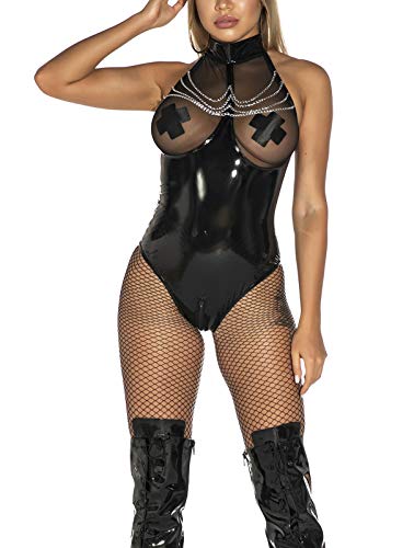 FEOYA Black Catsuit Leather Bodysuit Clubwear for Women One Piece Fishnet Teddy Wet Look Patent Crotch Zipper Leotard