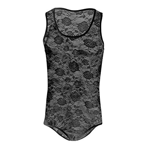 Men's Sheer Lace Lingerie Bodysuit Floral Sissy Thong Leotard Sleeveless Singlet Crossdresser One Piece Nightwear Black Large