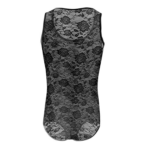 Men's Sheer Lace Lingerie Bodysuit Floral Sissy Thong Leotard Sleeveless Singlet Crossdresser One Piece Nightwear Black Large