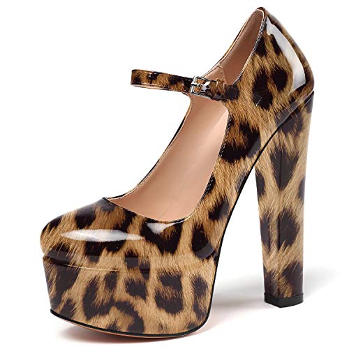 Eldof Women's Round Toe Platform Pumps Block Chunky High Heel Pumps Mary Jane Closed Toe Sexy Party Dress Shoes Leopard US 7.5