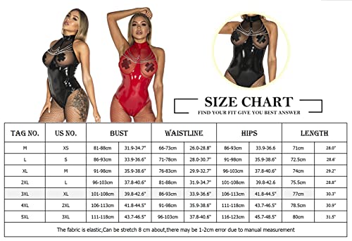 FEOYA Black Catsuit Leather Bodysuit Clubwear for Women One Piece Fishnet Teddy Wet Look Patent Crotch Zipper Leotard