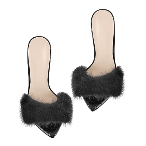 Richealnana Open Pointed Toe High Heel Mules Sexy Sandals for Women Dress Heels Ladies Stiletto Heel Summer Shoes Real Fur Black Size 8