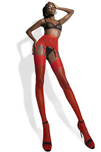sofsy Women Sheer Thigh High Stockings | Garter Belt Pantyhose | 15 Den [Made in Italy] (Garter Belt Not Included) - Red - Small