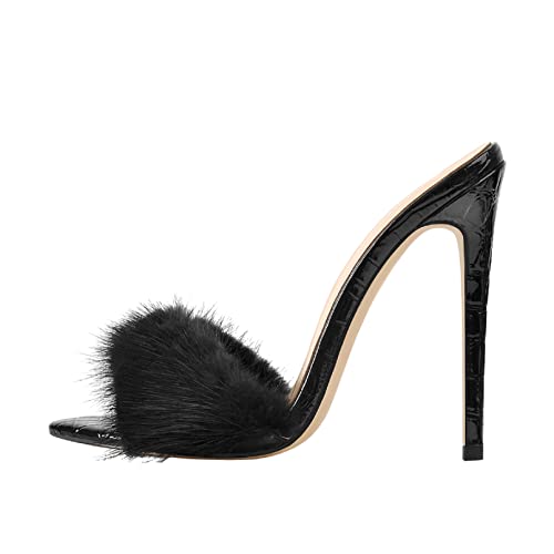 Richealnana Open Pointed Toe High Heel Mules Sexy Sandals for Women Dress Heels Ladies Stiletto Heel Summer Shoes Real Fur Black Size 8