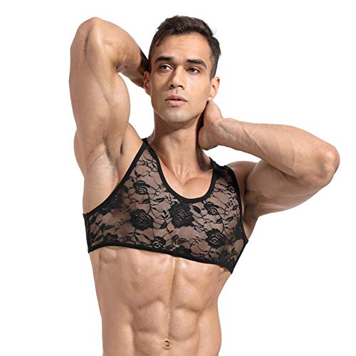 Men's transparent black mesh sleepwear men's sexy underwear nylon