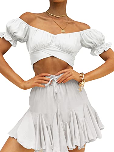 LYANER Women's Ruffle Short Sleeve Tie Up Back Crop Top Off Shoulder Bardot Blouse White X-Small