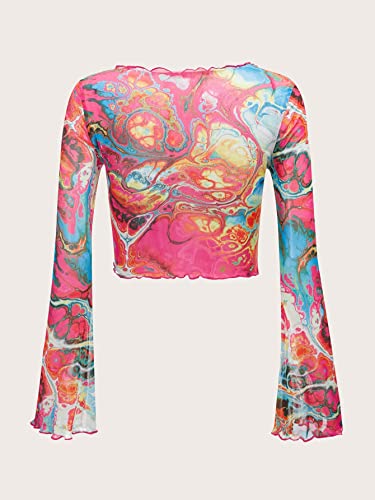 GORGLITTER Women's Allover Print Tie Front V Neck Blouse Flounce Long Sleeve Asymmetrical Shirt Crop Top Multicolor Allover X-Small