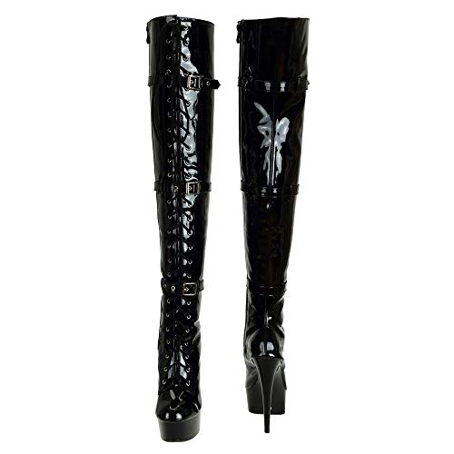 SheSole Women's Over The Knee Thigh High Heel Boots Platform Zip Buckle Lace Up Black US Size 9.5