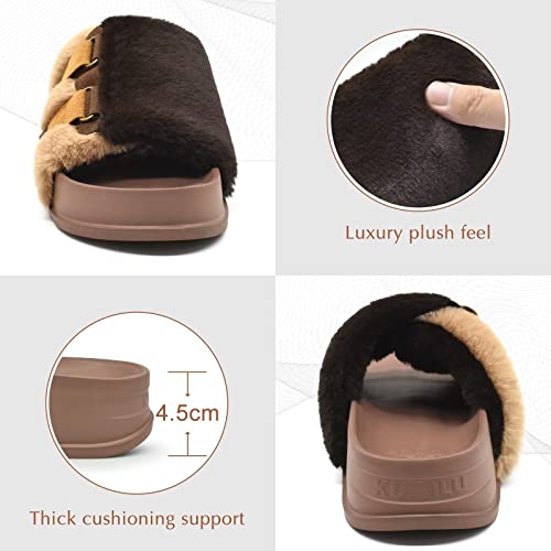 KuaiLu Womens Slides Soft Cushion Faux Fur Sandals for Women Open Toe House Slipper with Arch Support Ladies Slip On Fuzzy Platform Slipper Indoor Outdoor,Brown Size 9