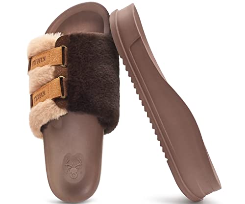 KuaiLu Womens Slides Soft Cushion Faux Fur Sandals for Women Open Toe House Slipper with Arch Support Ladies Slip On Fuzzy Platform Slipper Indoor Outdoor,Brown Size 9