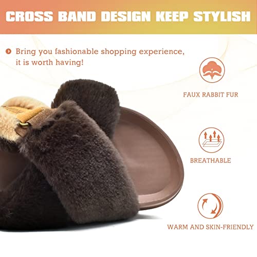 KuaiLu Womens Fuzzy Cross Band Platform Slippers with Back Strap for Summer, Fluffy Furry Ladies Open Toe Slingback Slide Slippers, Cozy Plush Fleece Comfy House Shoes Sandals Brown 9