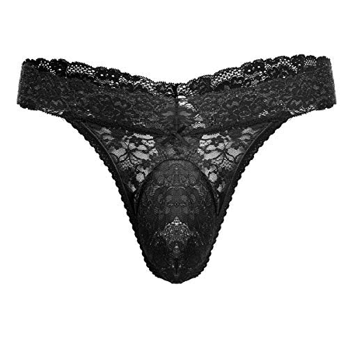 Men's Lace Frilly Sissy Thong Panties Sheer Mesh Bikini Briefs T-back G-string Underwear Black Large