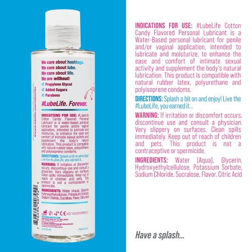 Lube Life Water-Based Cotton Candy Flavored Lubricant, Personal Lube for Men, Women and Couples, Made Without Added Sugar, 8 Fl Oz