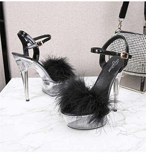 MissHeel Sexy Platform Heels Clear Ankle Strap Sandals for Women Black Stiletto High Heels 6 inch Fluffy Party Dancing Heels Size 12